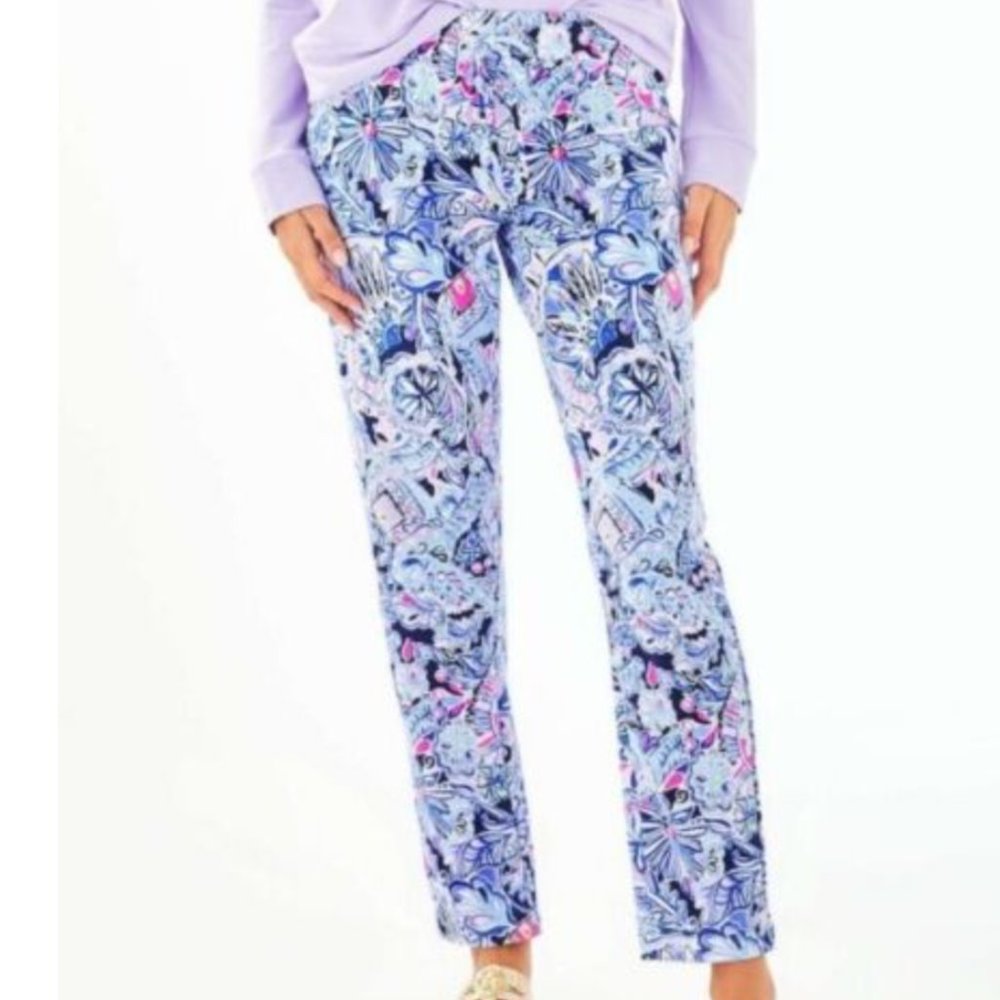 Lilly Pulitzer Emora Knit Pant Iris Blue Namastay in the Jungle XXS